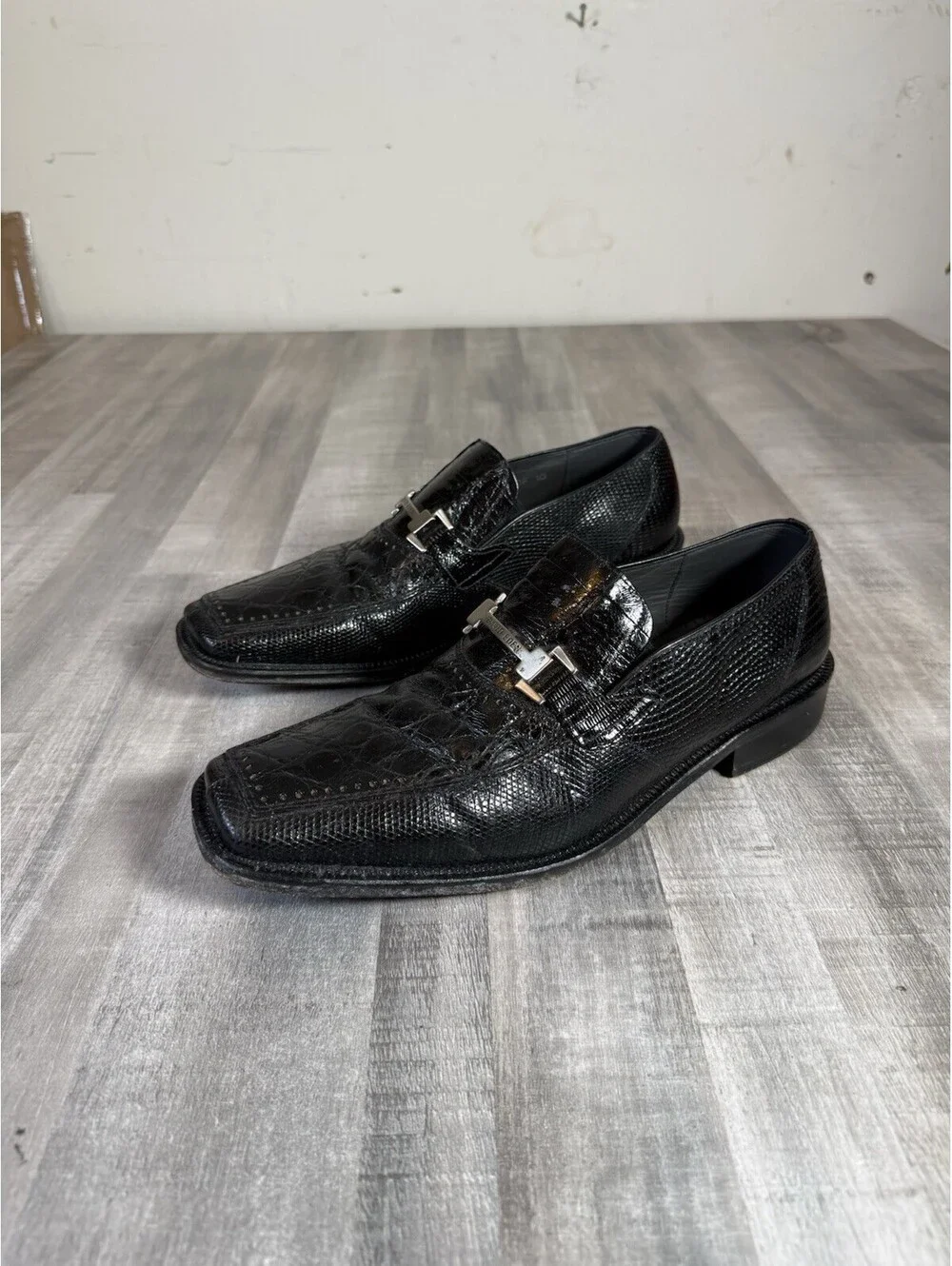 David Eden Crocodile Leather Dress Shoe Black Square Toe Metal Horsebit Men’s 10